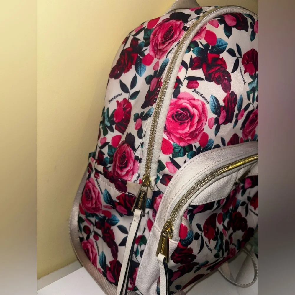 Juicy Couture Rose Pink Red White Backpack Floral  Zipper Whimsy Bookbag Y2K